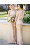 Beautiful Romantica High - Neck Sequins Rose Gold Wedding Bridesmaid Gown 
