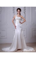 Satin Applique / Ruffles Dropped A-line One Shoulder Sleeveless Zipper Cathedral Ivory Wedding Dress