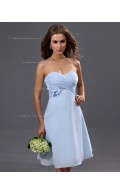 Sleeveless A-line Chiffon Natural Sweetheart Ruffles/Flowers Knee-length Light-Sky-Blue Zipper Bridesmaid Dress