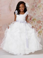 Gown Bowknot / Belt / Applique / Tiered White Shaped Organza U Floor-length Ball Neck Flower Girl Dress