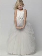 Ivory A-line Hand Floor-length Scoop Flower Organza / Satin Sleeveless Made Flower Girl Dress