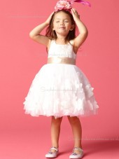 Hand Ivory Made Gown Ball Neck U Flower / Sash Satin Flower Girl Dress