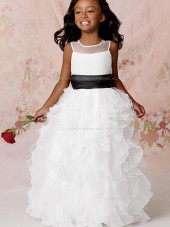 Floor-length Sleeveless Tiered / Sash White Organza Column / Sheath Scoop Flower Girl Dress