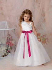 Asymmetric Made Sleeveless A-line Organza White Bowknot / Hand Flower Floor-length Flower Girl Dress