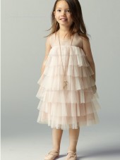 Scoop Champagne Tea-length Tiered Sleeveless Tulle A-line Flower Girl Dress