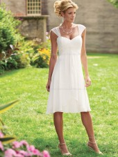 V-neck Sleeveless A-line Empire Knee-length Zipper Ruched/Tiered White Chiffon Bridesmaid Dress