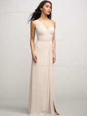 Zipper One Shoulder Empire Chiffon Ruffles/Split Sleeveless Champagne Column Sheath Sweep Bridesmaid Dress