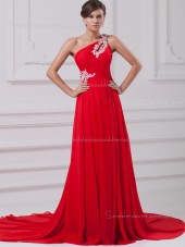 Red Zipper Chiffon A-line Sweep Empire Sleeveless Beading/Ruffles One Shoulder Bridesmaid Dress