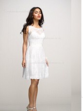 White Sash/Applique Natural Bateau Lace A-line Sleeveless Knee-length Zipper Bridesmaid Dress