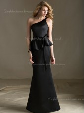 Black Floor-length Sash/Tiered One Shoulder Column Sheath Zipper Sleeveless Satin Natural Bridesmaid Dress