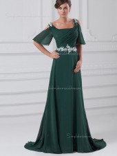 Chiffon Sweep Dark Green Zipper Bateau A-line Beading Cap Sleeve Dropped Bridesmaid Dress