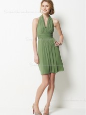 Sleeveless Zipper Halter A-line Chiffon Sage Draped/Sash Short-length Empire Bridesmaid Dress