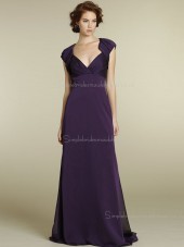 Empire A-line Zipper V-neck Sash Grape Sweep Cap Sleeve Chiffon Bridesmaid Dress