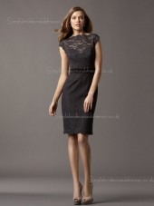 Column Sheath High Neck Cap Sleeve Lace Knee-length Zipper Natural Applique/Sash Black Bridesmaid Dress