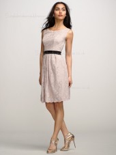 Natural A-line Lace Indy Pink Sleeveless Applique/Sash Backless Bateau Knee-length Bridesmaid Dress