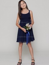 Zipper Knee-length Dark Navy Sleeveless A-line Ruffles Bateau Empire Chiffon Bridesmaid Dress