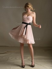 Chiffon A-line Zipper Tiered/Belt Sweetheart Dropped Sleeveless Knee-length Indy Pink Bridesmaid Dress