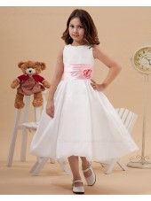 Zipper Sleeveless Ivory Square Tea Length A line Taffeta Belt/Hand Made Flower/Bow Flower Girl Dress