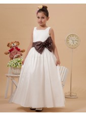 Square Ivory Belt/Bow Sleeveless Ankle Length Zipper A line Taffeta Flower Girl Dress