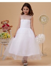 Ankle Length Chiffon/Organza A line Ruffle White Sleeveless Scoop Zipper Flower Girl Dress