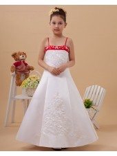 Spaghetti Straps Satin Zipper White/Red Sleeveless A line Floor length Embroidery Flower Girl Dress