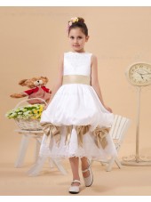 A line Ankle Length Sleeveless Satin/Lace Scoop Sash/Bow/Lace White/Champagne Zipper Flower Girl Dress