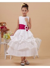 Ankle Length Scoop White Sleeveless Zipper A line Ruffles/Hand Made Flower Satin Flower Girl Dress