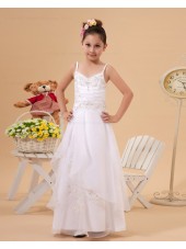 A line Organza/Taffeta V neck/Spaghetti Straps White Applique Floor length Zipper Sleeveless Flower Girl Dress