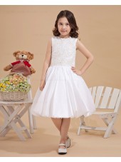 Bateau Ivory A line Zipper Applique/Beading Taffeta Sleeveless Knee length Flower Girl Dress