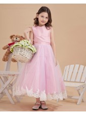 Ankle Length Sleeveless Ruffle/Applique/Bow A line Pink Zipper Satin/Tulle Scoop Flower Girl Dress