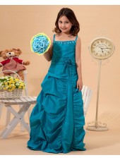 Sleeveless Ruffles/Beadings/Hand Flower Hunter Taffeta Floor length Spaghetti Straps Zipper Column/Sheath Flower Girl Dress