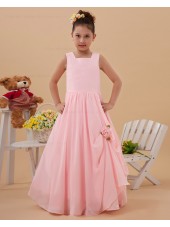 A line Spaghetti Straps Pink Floor length Sleeveless Taffeta Zipper Ruffle/Hand Made Flower Flower Girl Dress