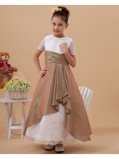 Short Scoop A line Embroidery/Beading Gold/White Taffeta/Organza Floor length Sleeve Zipper Flower Girl Dress
