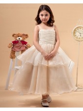 A line Spaghetti Straps Sleeveless Champagne Zipper Bow/Ruffles Tulle Ankle Length Flower Girl Dress