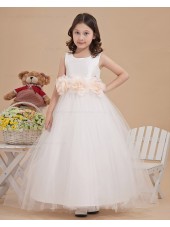 Sleeveless Hand Made Flower Zipper A line Satin/Tulle Floor length Scoop White Flower Girl Dress