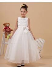 Ivory Scoop Sleeveless Ankle Length A line Organza Bow Zipper Hand Made Flower/ Flower Girl Dress