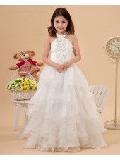 A line Halter Sleeveless Satin/Organza Ivory Embroidery/Ruffles Zipper Floor length Flower Girl Dress