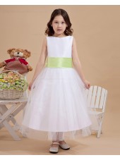 Hand Made Flower/ Zipper Sleeveless Bow/Belt Satin/Organza Ivory Bateau Ankle Length A line Flower Girl Dress