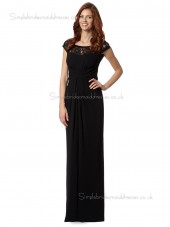 Black Bateau Draped Floor-length Chiffon Natural Column / Sheath Zipper Cap Sleeve Mother of the Bride Dress