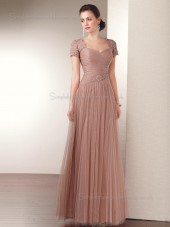 Tulle Natural Zipper Applique Cap Sleeve Floor-length A-line Sweetheart Mother of the Bride Dress