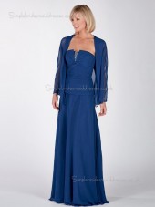 Blue Chiffon Long-Sleeve A-line Beading Natural Floor-length Backless Mother of the Bride Dress