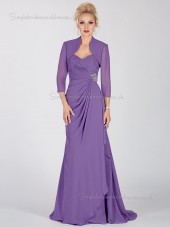 Lilac Backless A-line Natural Sweep Chiffon Sweetheart Half-Sleeve Ruched Mother of the Bride Dress