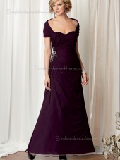Grape A-line Cap Sleeve Natural Floor-length Chiffon Sweetheart Zipper Beading Mother of the Bride Dress