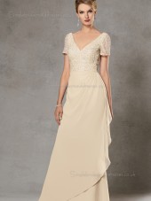 Champagne Beading Cap Sleeve A-line Backless Chiffon V-neck Floor-length Natural Mother of the Bride Dress