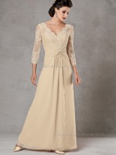 Champagne Chiffon Sleeve Long A-line Zipper Floor-length V-neck Lace Empire Mother of the Bride Dress