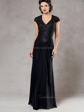 Dark Navy Cap Sleeve V-neck Beading Column / Sheath Zipper Floor-length Chiffon Natural Mother of the Bride Dress