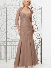 Brown Chiffon Floor-length Zipper Mermaid Natural Applique Sleeveless Sweetheart Mother of the Bride Dress