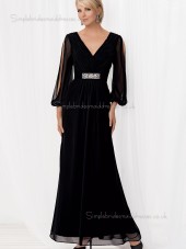 Black Mermaid Chiffon Sleeve Long Floor-length V-neck Backless Empire Beading Mother of the Bride Dress