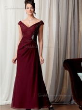 Burgundy Beading A-line Floor-length Chiffon Cap Sleeve Zipper Natural V-neck Mother of the Bride Dress