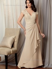 Champagne V-neck Natural Zipper Lace A-line Floor-length Chiffon Cap Sleeve Mother of the Bride Dress